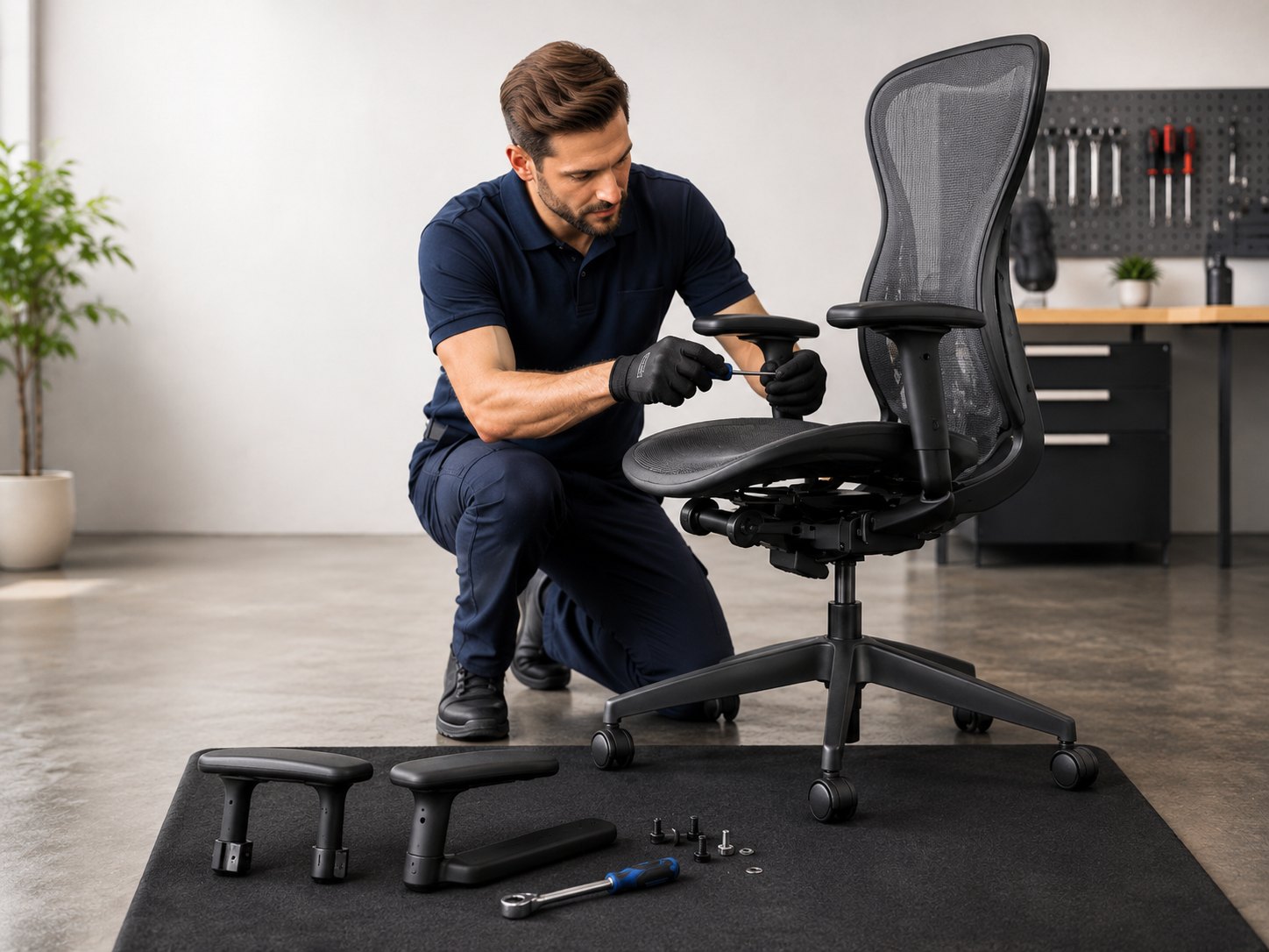 Técnico trabalhando no mecanismo de uma cadeira